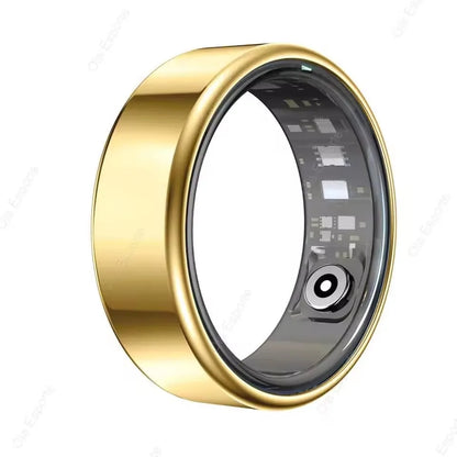 Gold ring with electronic components on a white background