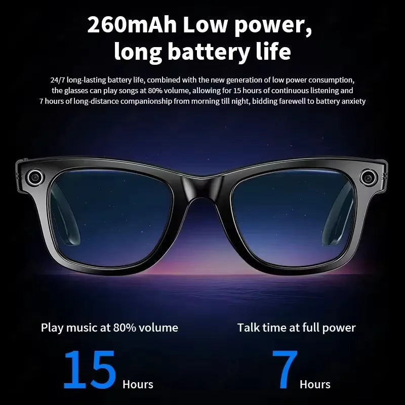 Sunglasses with electronic components on a dark background, highlighting battery life features.
