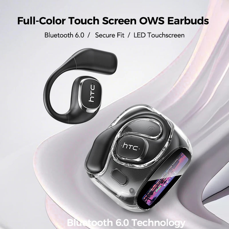 HTC wireless earbuds with full-color touch screen on a white background