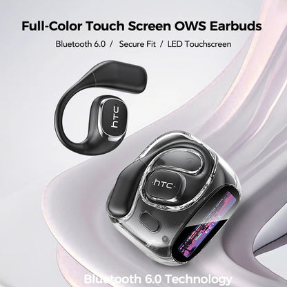 HTC wireless earbuds with full-color touch screen on a white background