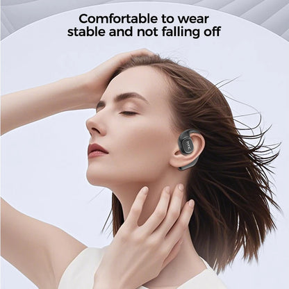 Woman wearing a wireless earbud with text indicating comfort and stability