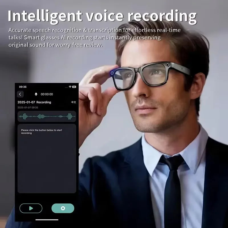 Man wearing smart glasses with an app interface on a smartphone displaying intelligent voice recording features.