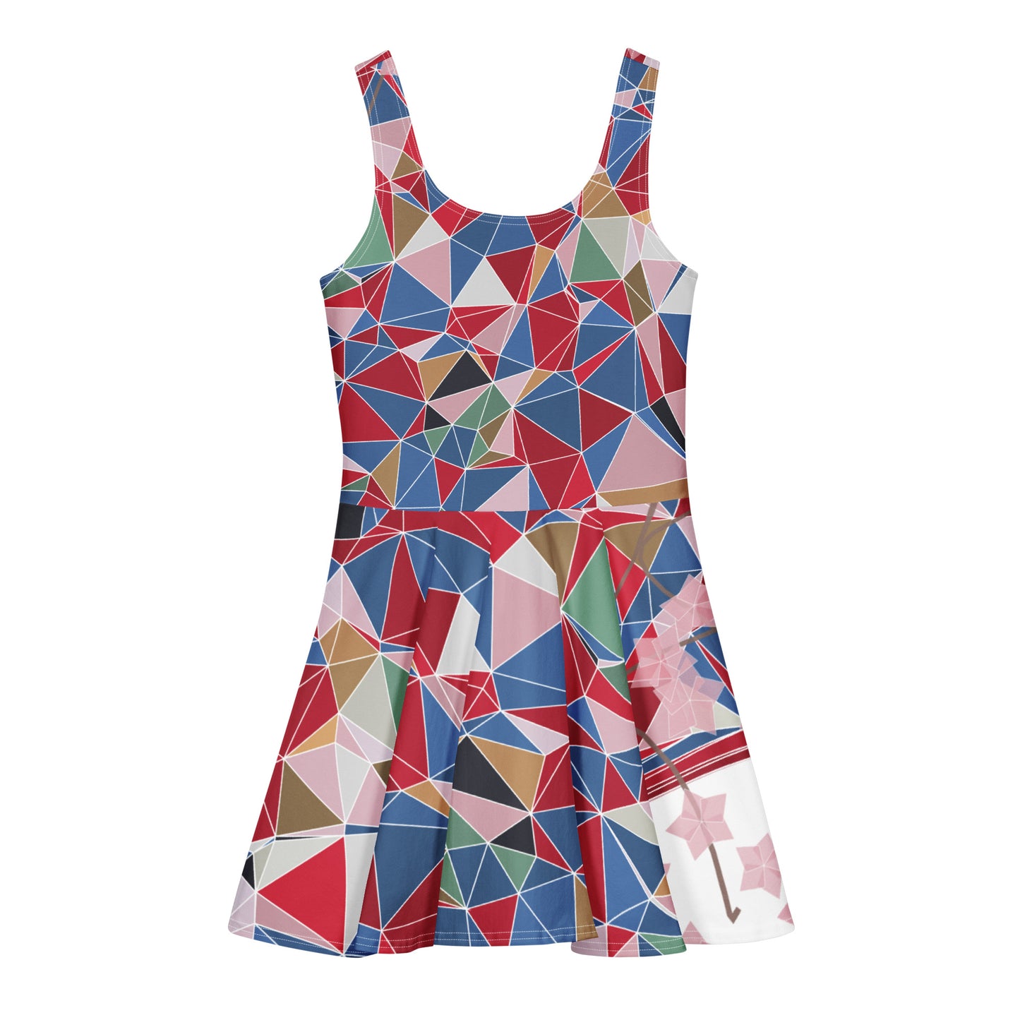 Colorful geometric patterned dress on a white background