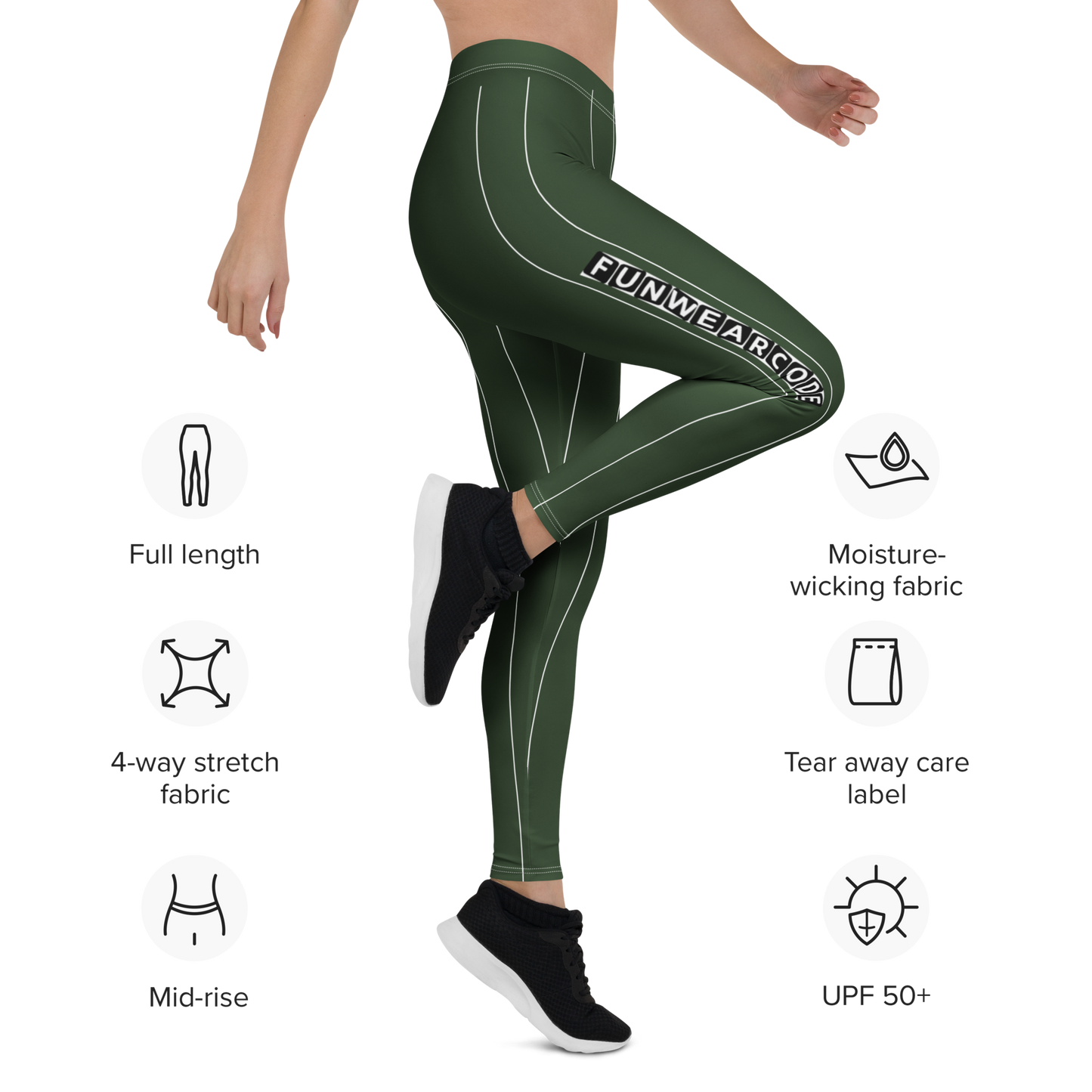 Green leggings with brand logo, featuring text "Funwearcode" on fabric properties.
