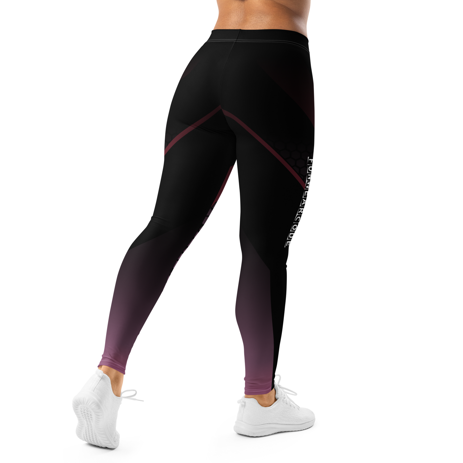 Black and red stripe leggings with a brand logo "FunWearCode" on a white background