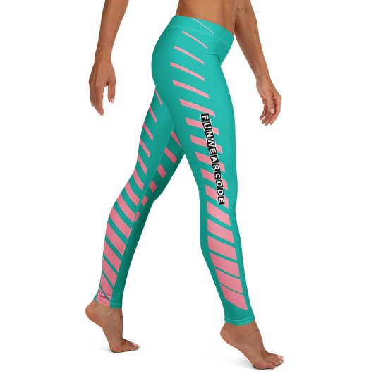 Teal and pink striped leggings with a brand logo "Funwearcode" on a white background