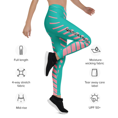 Teal leggings with pink stripes and brand logo 'Funwearcode' worn by a person, featuring icons and text about product features on a white background.