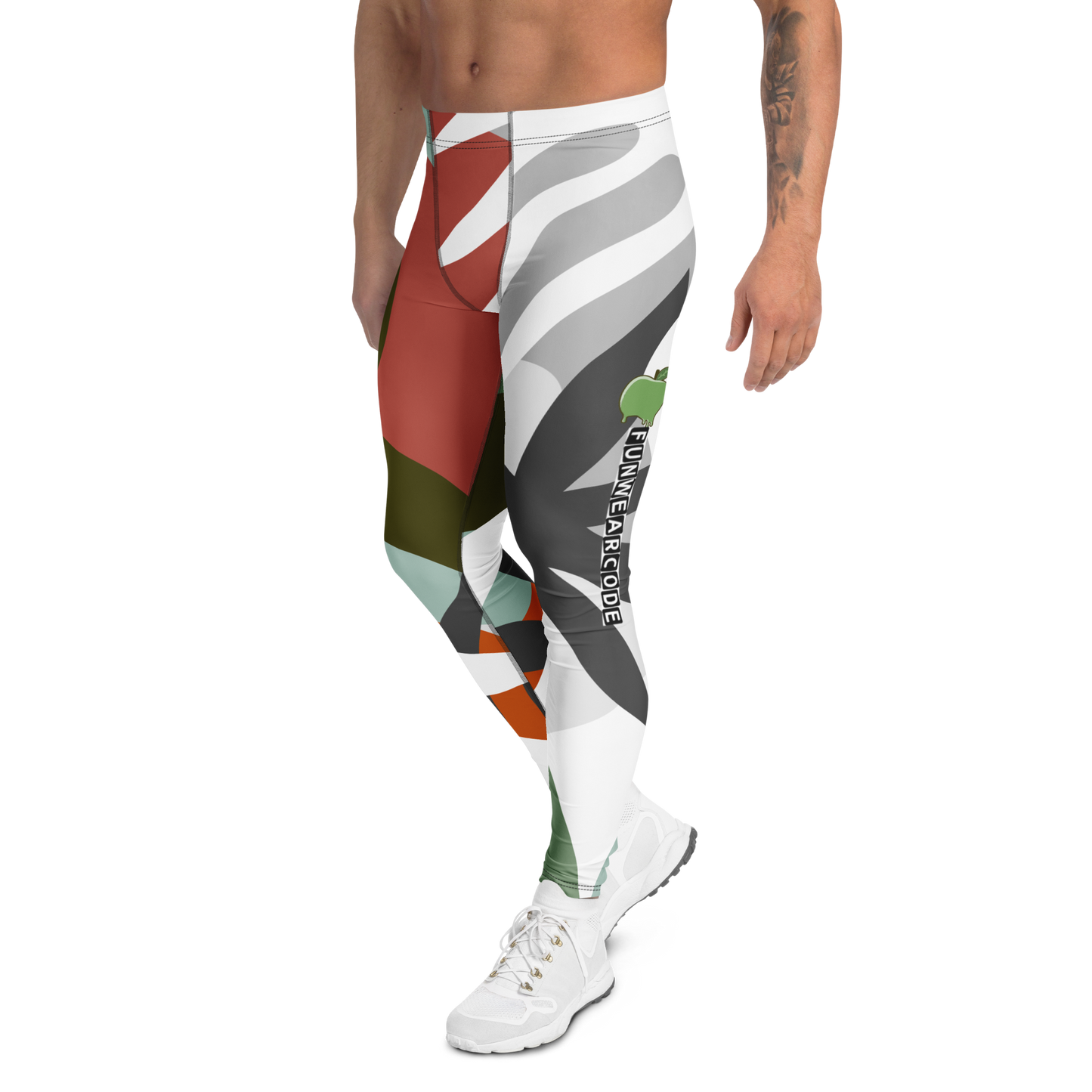 Colorful patterned leggings with a brand logo 'Funwearcode' worn by a person on a white background