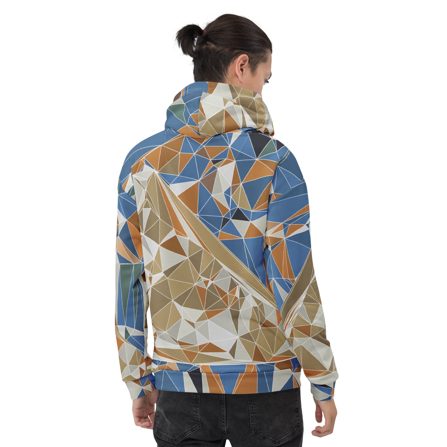 Person wearing a geometric patterned hoodie with Mount Fuji graphic on a white background