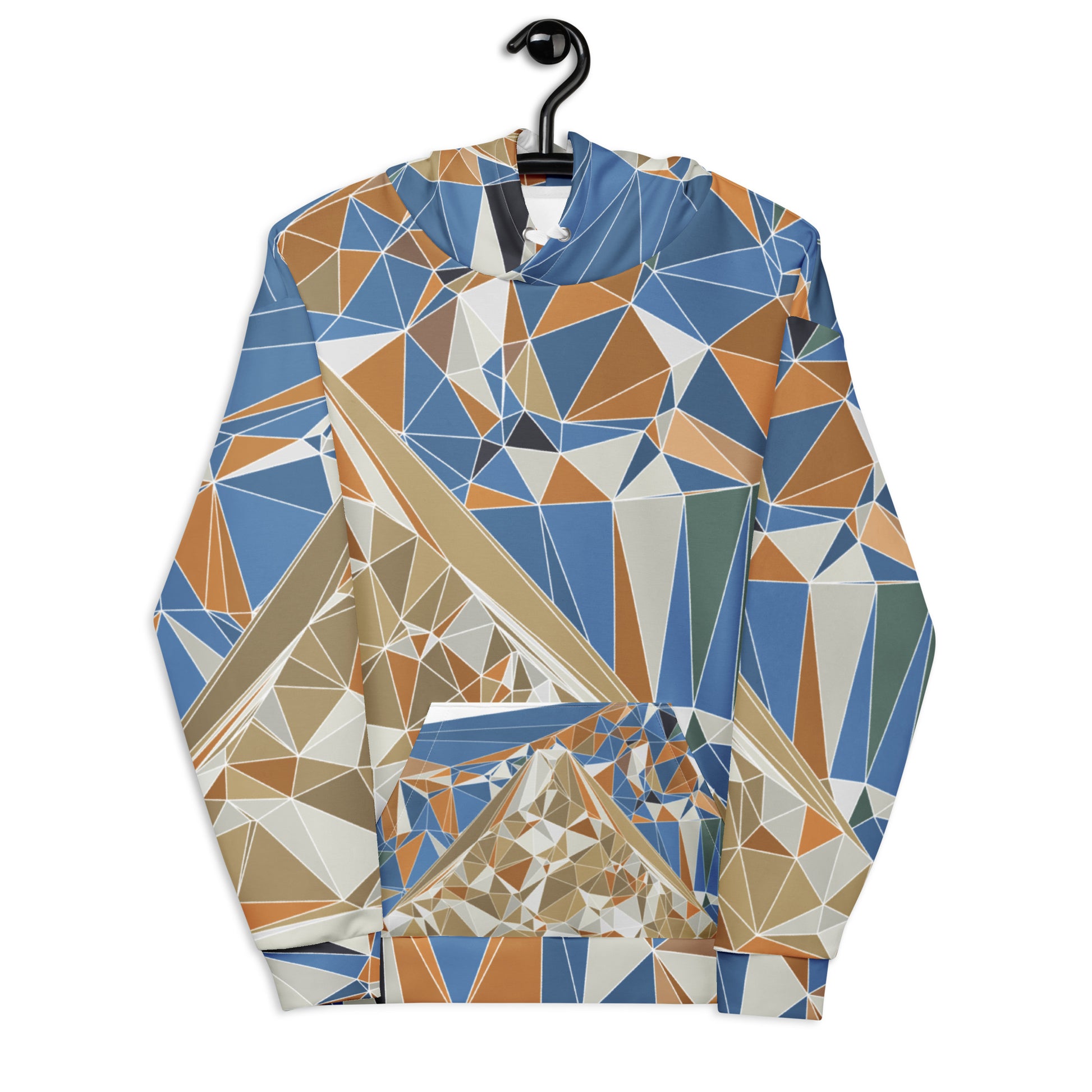Geometric Mount Fuji patterned hoodie on a hanger against a white background