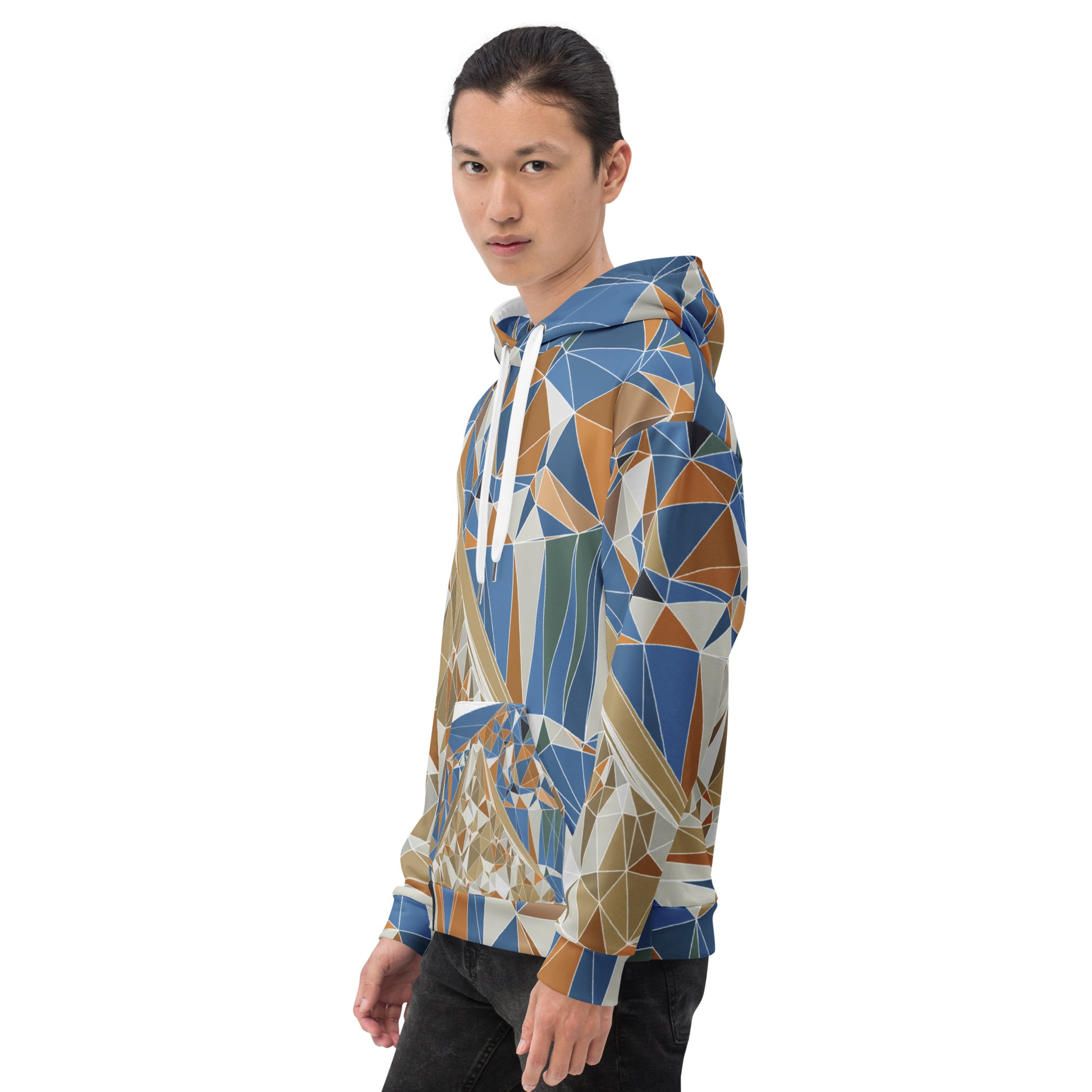 Person wearing a geometric patterned hoodie on a white background