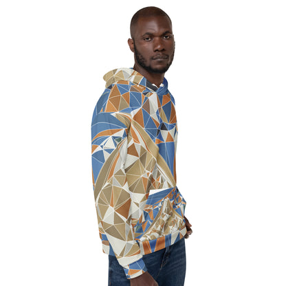 Man wearing a geometric patterned shirt on a white background