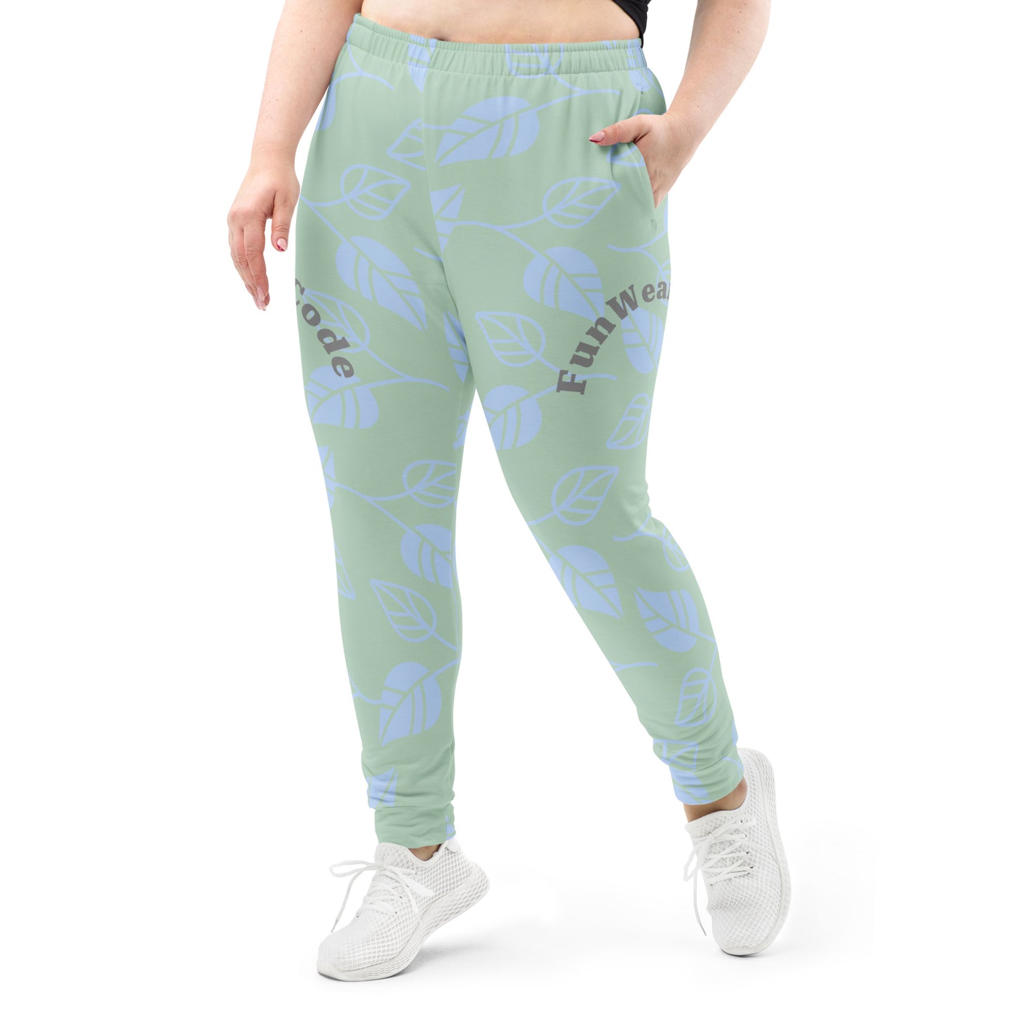 Light green jogger pants with blue floral patterns and 'Fun Wear Code' text on a white background