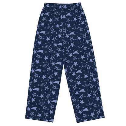 Navy blue pants with star pattern on a white background