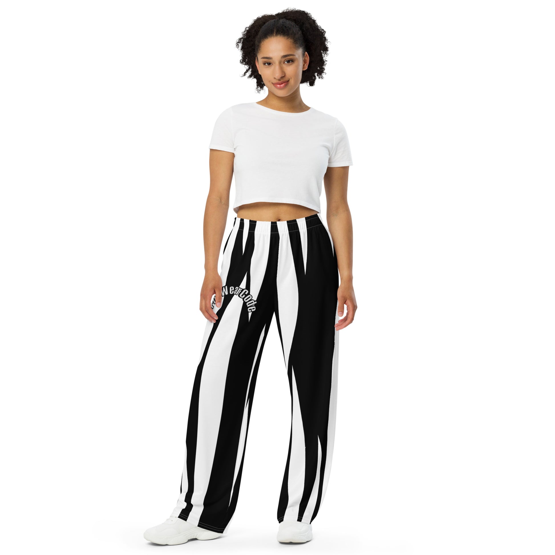 Woman wearing a white crop top and black and white striped pants with a 'Fun Wear Code' text logo on a white background
