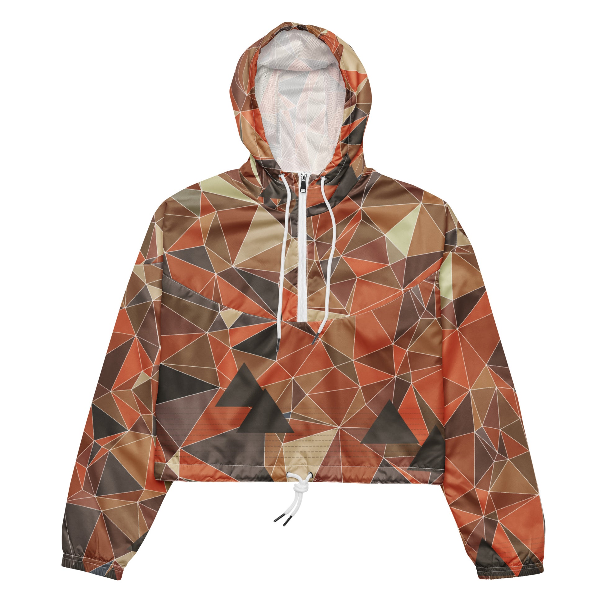 A cropped multicolor geometric patterned windbreaker jacket on a white background