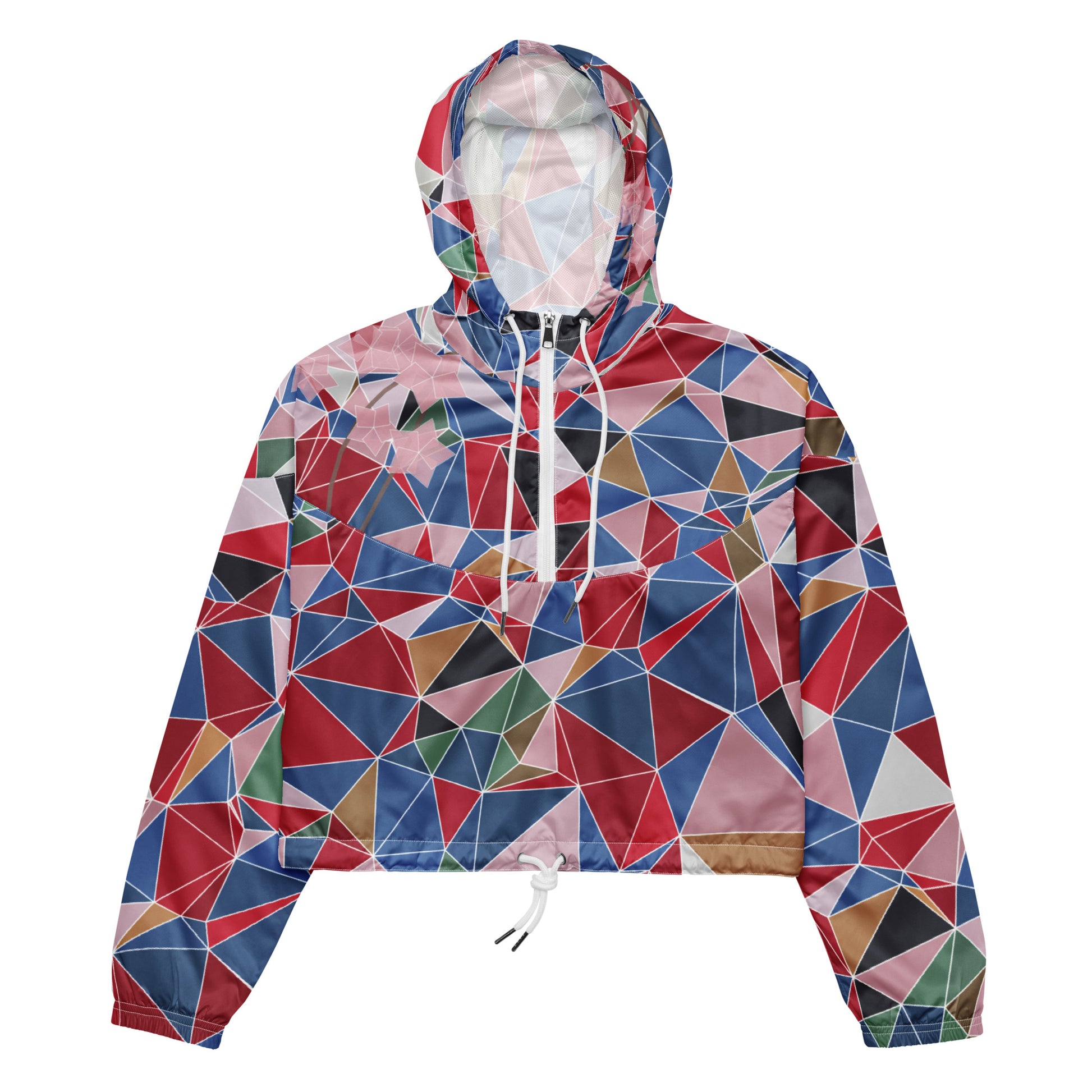 Multicolored geometric patterned windbreaker with spring cherry blossom graphic on a white background