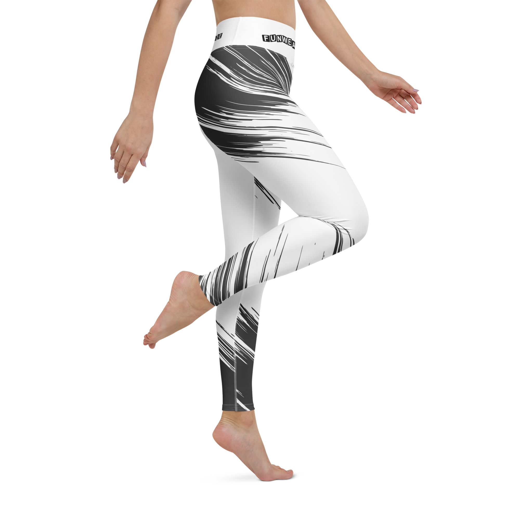 White leggings with black abstract pattern with waistband brand logo 'Funwearcode' worn by a person on a white background