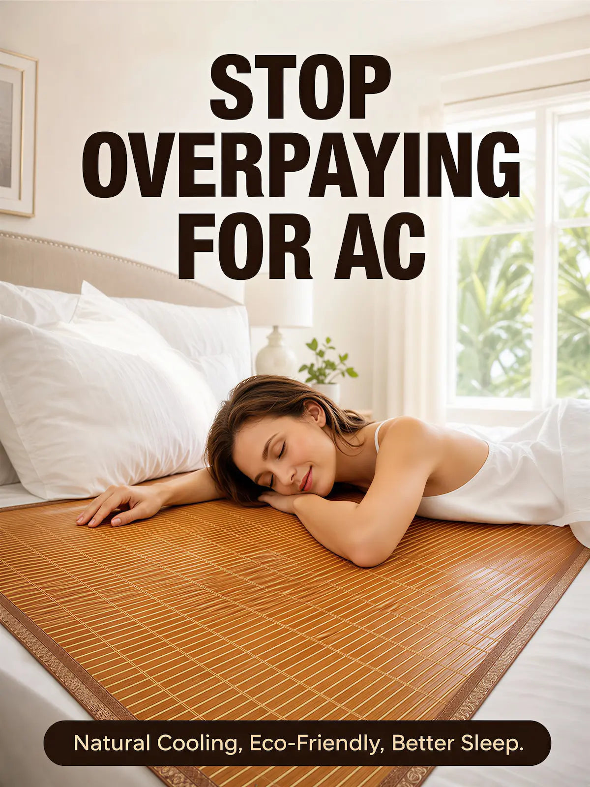 Woman lying on a bamboo mat in a bedroom with text about AC savings.