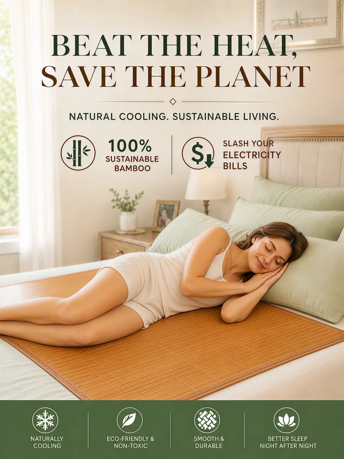 Woman lying on a bamboo mat in a bedroom with text about sustainable living and energy savings.
