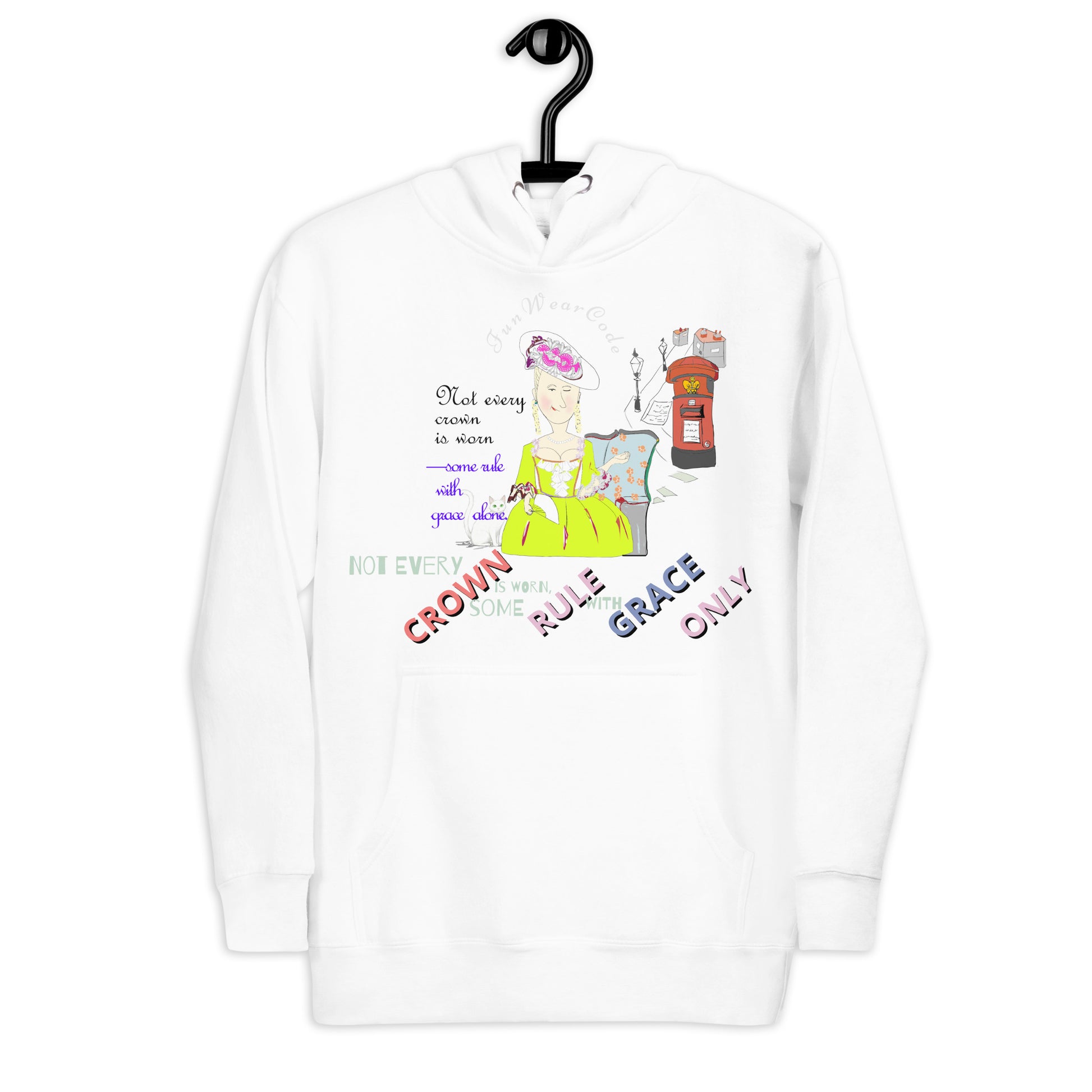 White sweatshirt with colorful vintage English lady graphics and text on a hanger against a white background