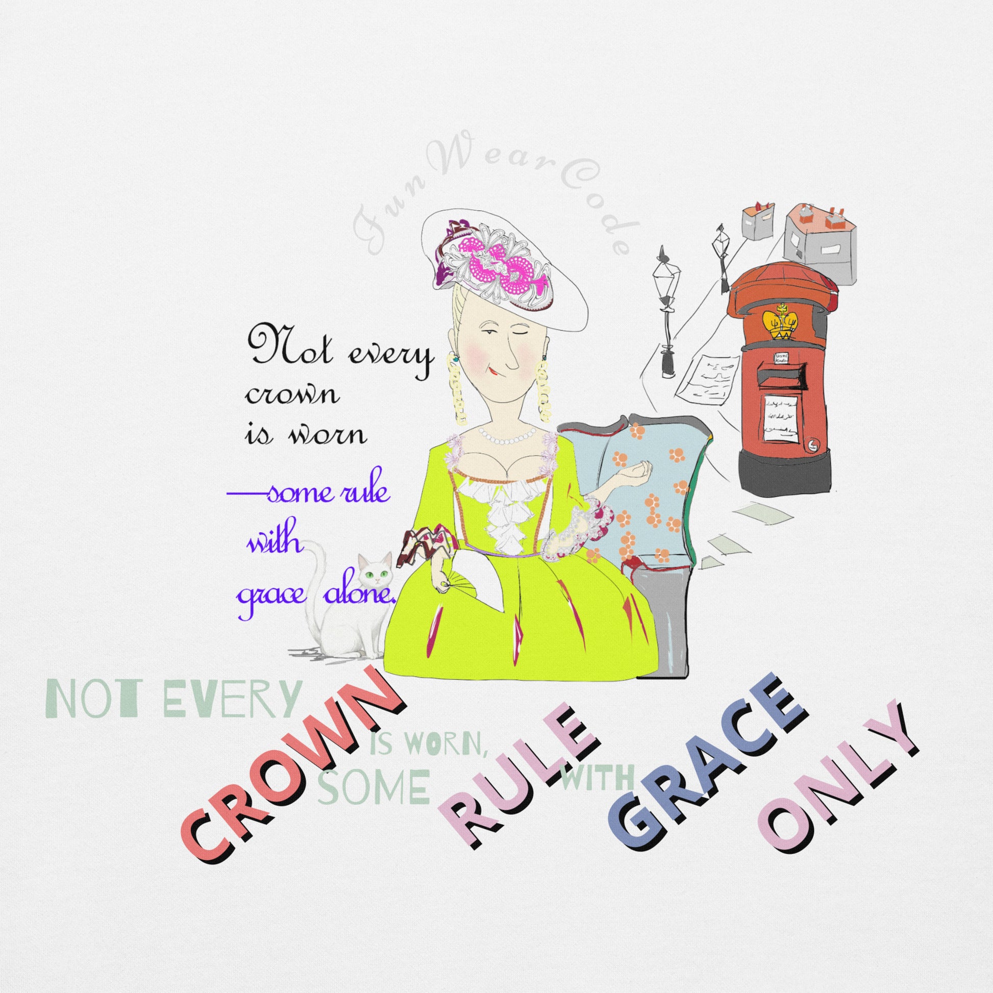 Illustration of a woman in a green dress with a pink crown, sitting next to a mailbox on a white background.