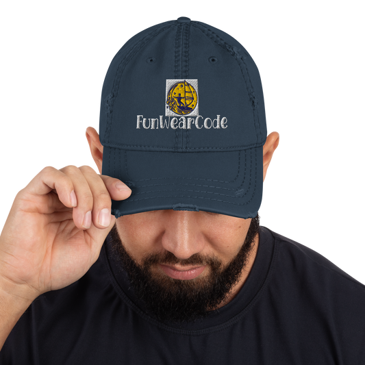 Person wearing a navy blue cap with 'Funwearcode' logo on a white background