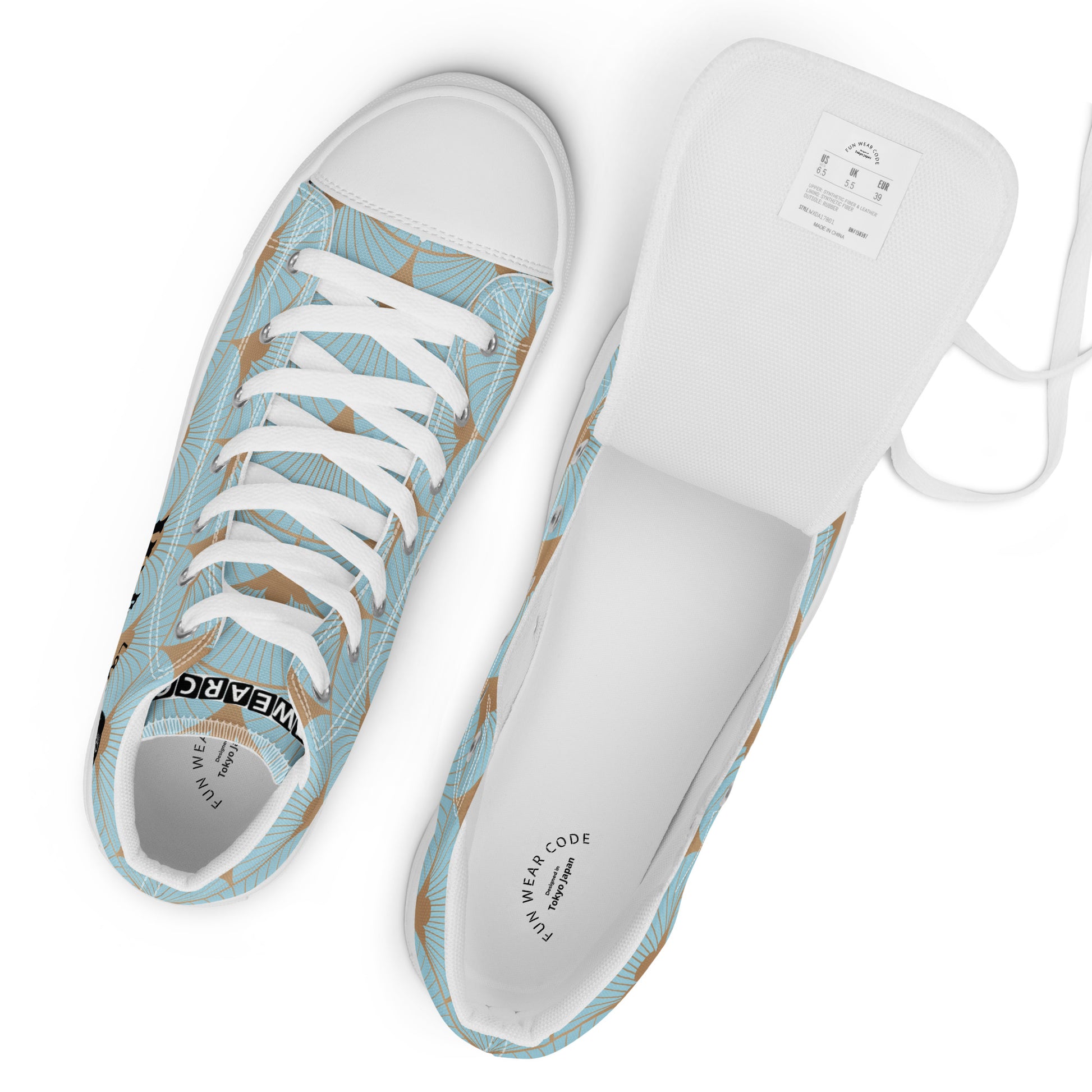 Light blue sneakers with white laces on a white background