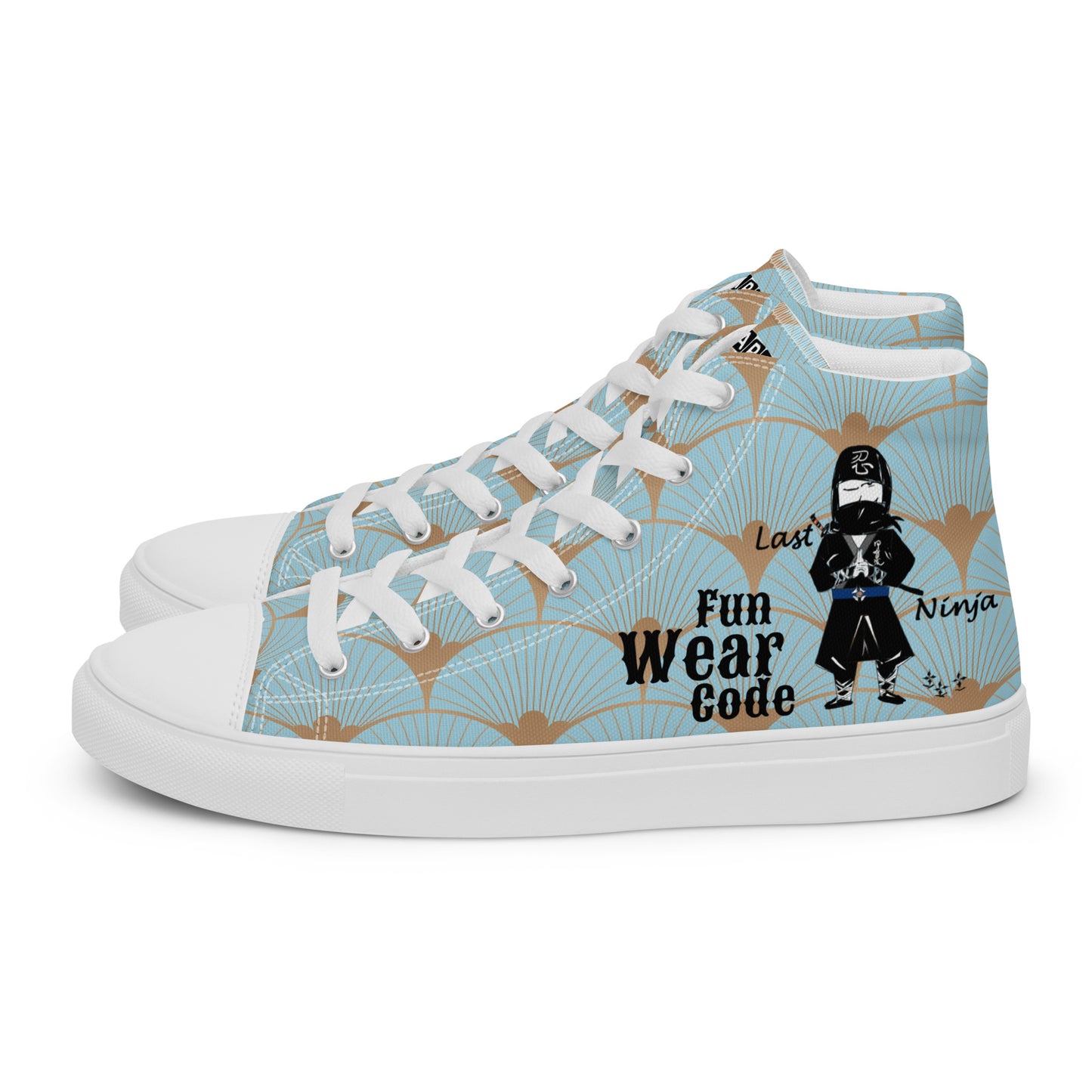 High-top sneakers with a ninja graphic and 'Fun Wear Code' text logo on a white background