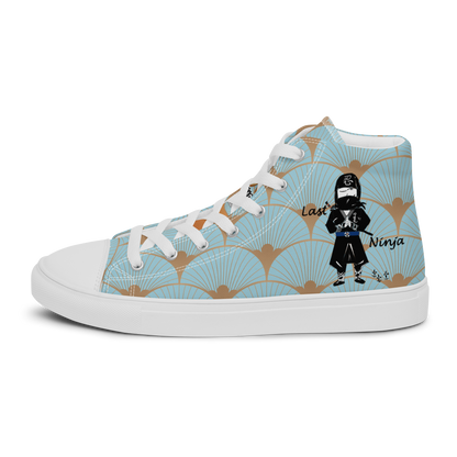 High-top sneaker with a playful ninja graphic design and white laces, featuring a text 'Last ninja'  on a light blue pattern background
