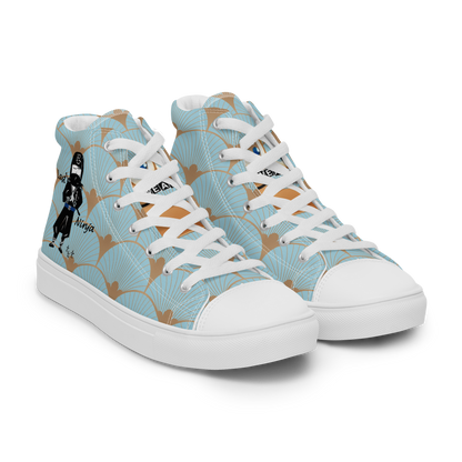 High-top sneakers with a blue and brown abstract pattern and white laces with a playful ninja graphic design, featuring a text 'Last ninja' and brand label 'Funwearcode' on a white background