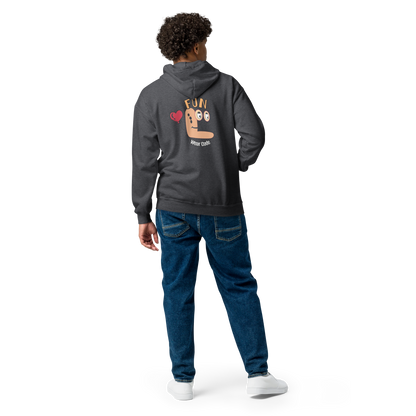 Back view of a man model wearing a black zip-up hoodie with a Fun wear code graphic design on a transparent background