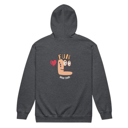 Back view of a black zip-up hoodie with a FUN wear code graphic design on a transparent background