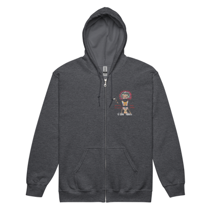 Front view of a black zip-up hoodie with an American Indian man graphic design on a transparent background