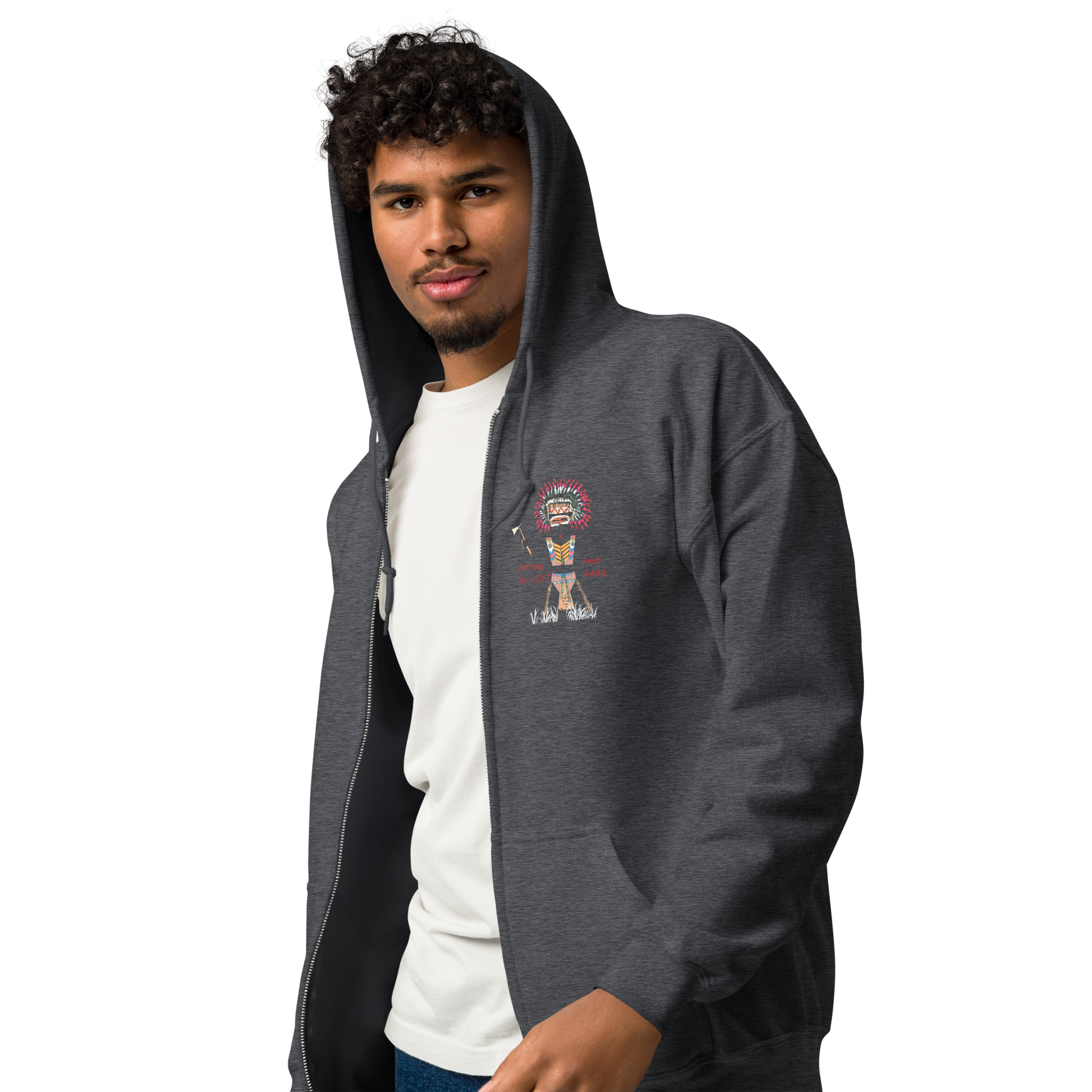 Left side view of a black zip-up hoodie with an American Indian man graphic design on a transparent background