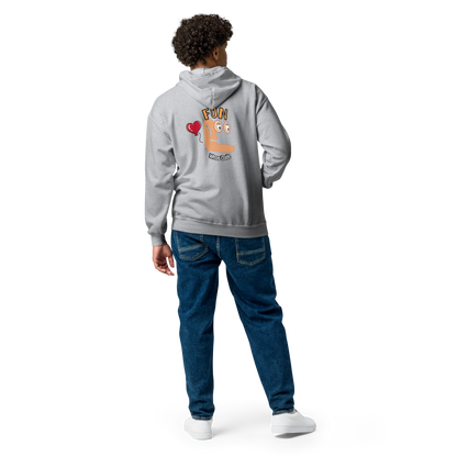 Back view of a man model wearing a gray zip-up hoodie with a Fun wear code graphic design on a transparent background