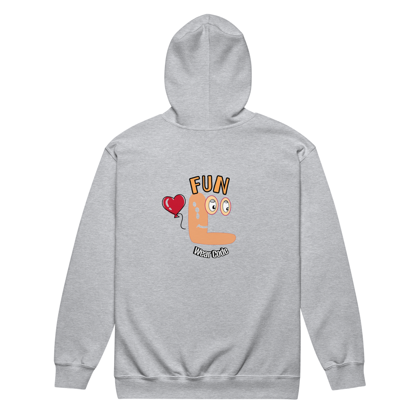 Back view of a gray zip-up hoodie with a FUN wear code graphic design on a transparent background