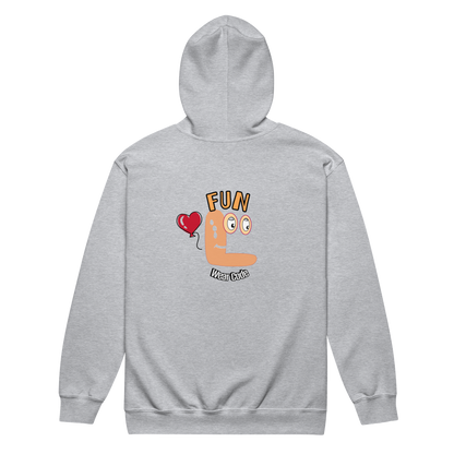 Back view of a gray zip-up hoodie with a FUN wear code graphic design on a transparent background