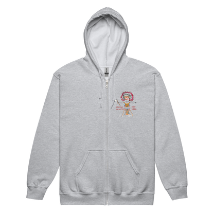 Front view of a gray zip-up hoodie with an American Indian man graphic design on a transparent background