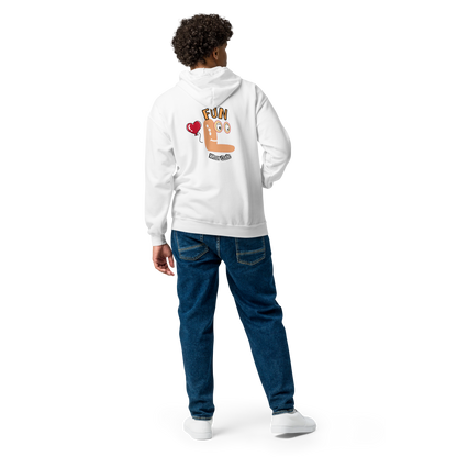 Back view of a man model wearing a white zip-up hoodie with a Fun wear code graphic design on a transparent background