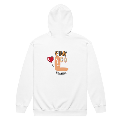 Back view of a white zip-up hoodie with a FUN wear code graphic design on a transparent background