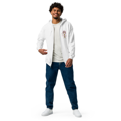Front view of a man model wearing a white zip-up hoodie with an American Indian man graphic design on a transparent background