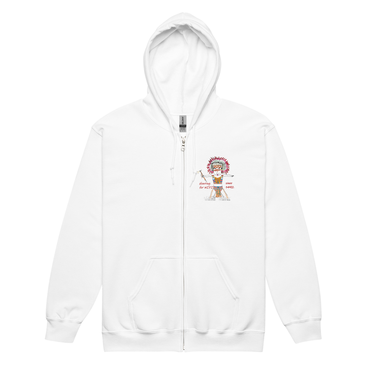 Front view of a white zip-up hoodie with an American Indian man graphic design on a transparent background