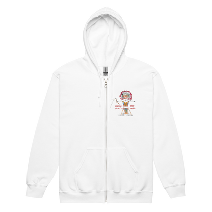 Front view of a white zip-up hoodie with an American Indian man graphic design on a transparent background