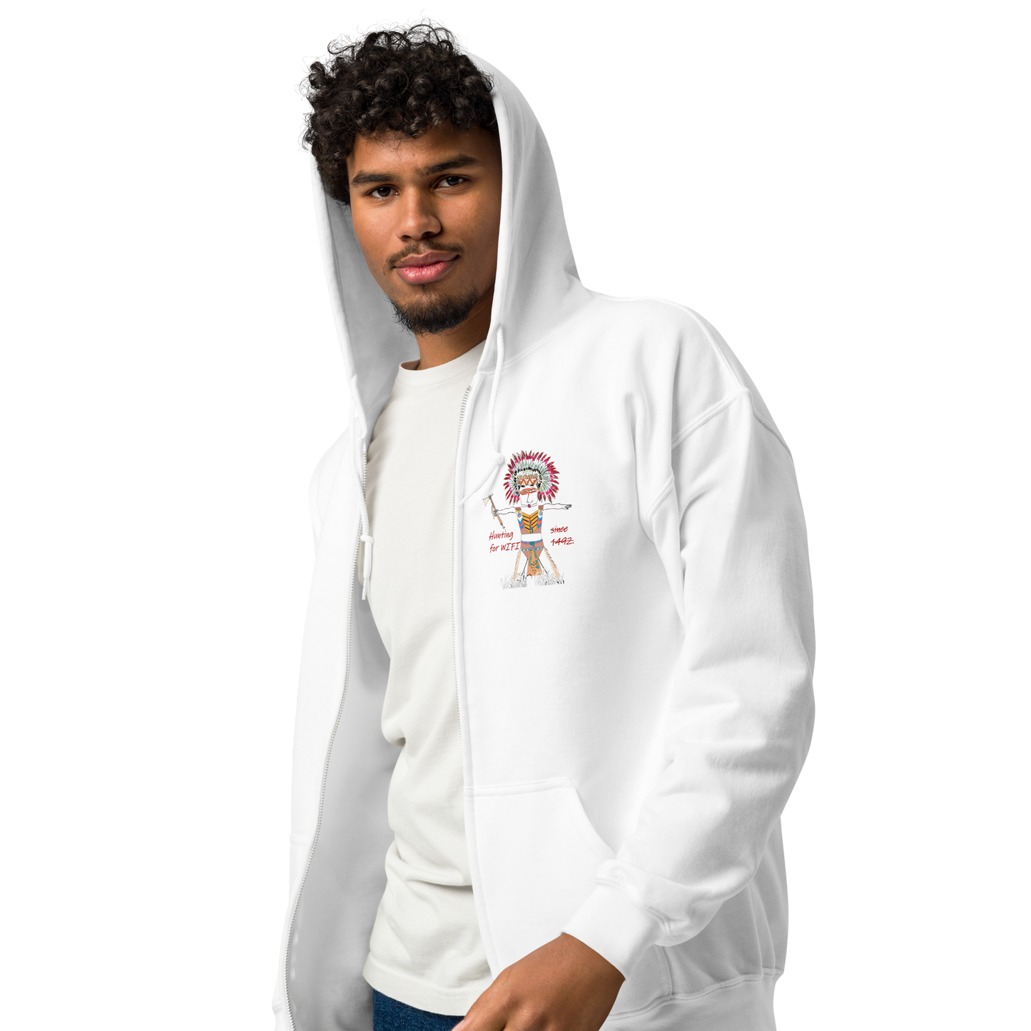 Left side view of a white zip-up hoodie with an American Indian man graphic design on a transparent background