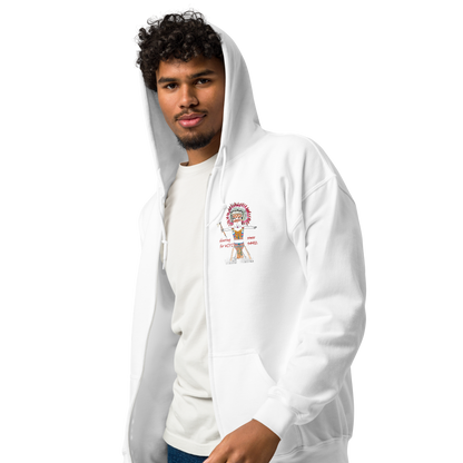 Left side view of a white zip-up hoodie with an American Indian man graphic design on a transparent background