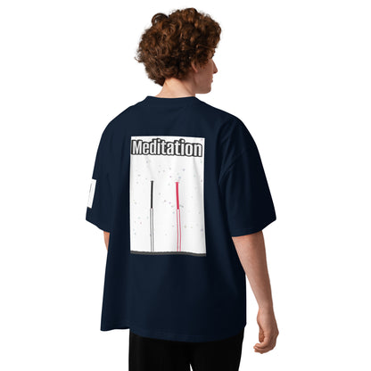 Person wearing a navy blue t-shirt with an abstract long-leg human graphic and 'Meditation' text on the back, on a white background