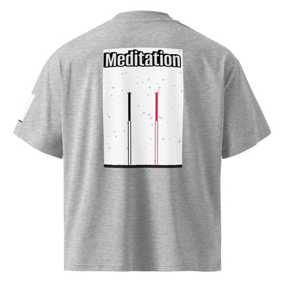 Gray t-shirt with two abstract long-leg human graphic design and text on the back against a white background