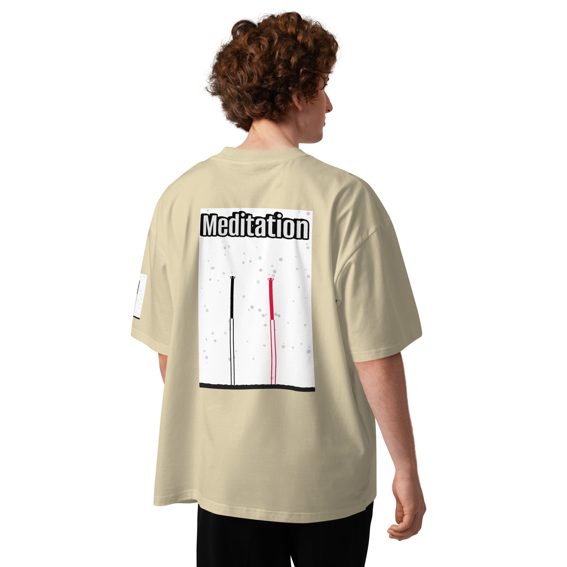 Person wearing a beige t-shirt with 'Meditation' text and two abstract long-leg human graphic on the back, on a white background