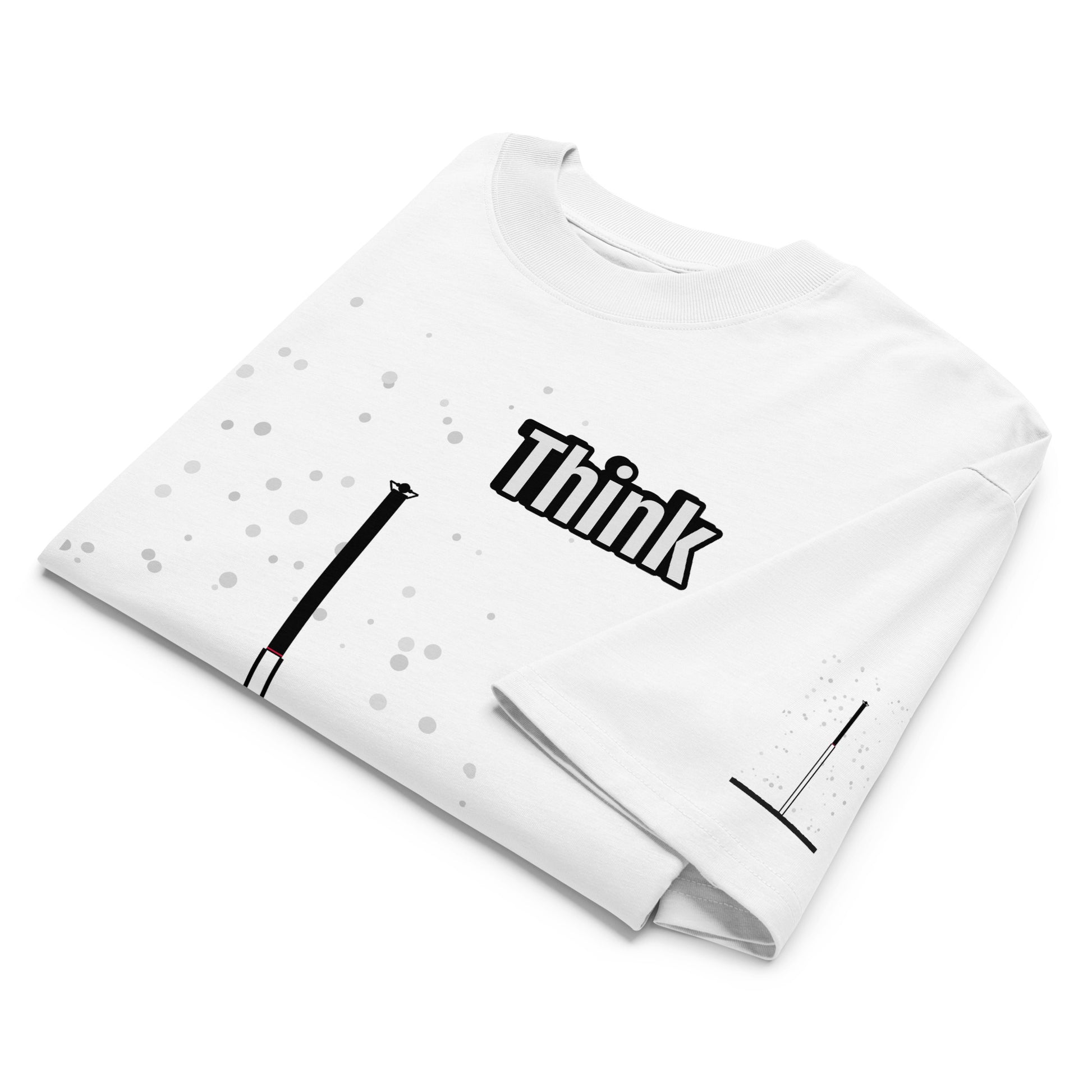 White t-shirt with 'Think' text and an abstract long-leg human graphic design on a white background